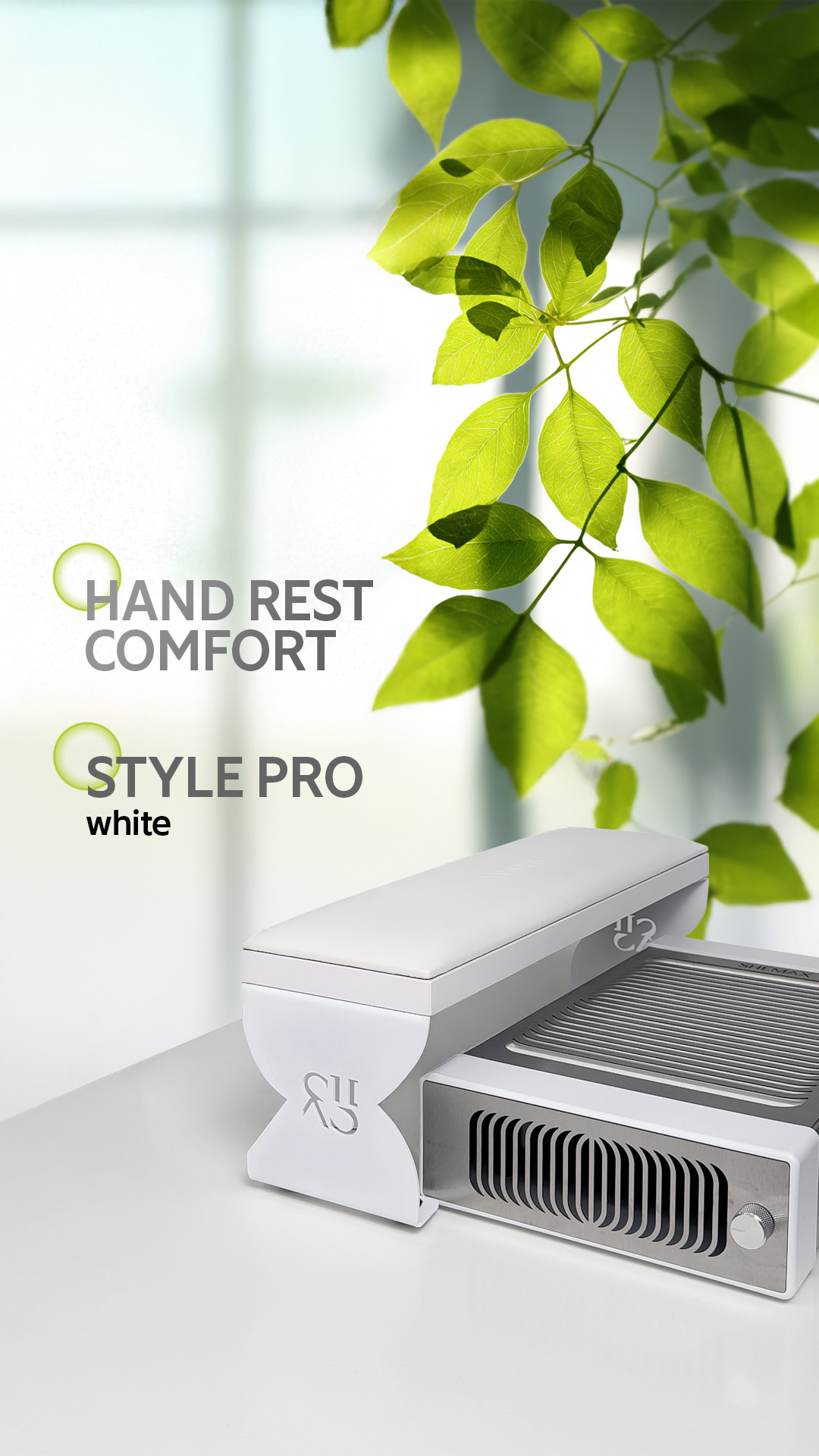 Pochłaniacz pyłu SHEMAX Style PRO + podstawka pod dłonie Comfort — kompletne stanowisko do manicure